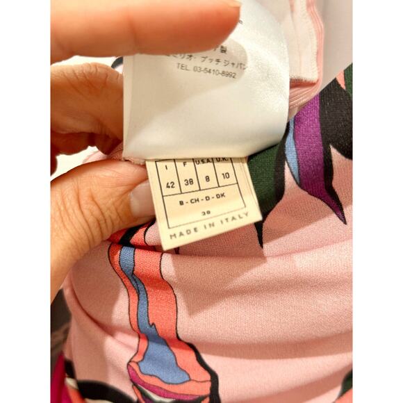 Emilio Pucci Tropical Print Long Sleeve Surplice V-Neck Midi Sheath Dress Pink 8 - Picture 5 of 5